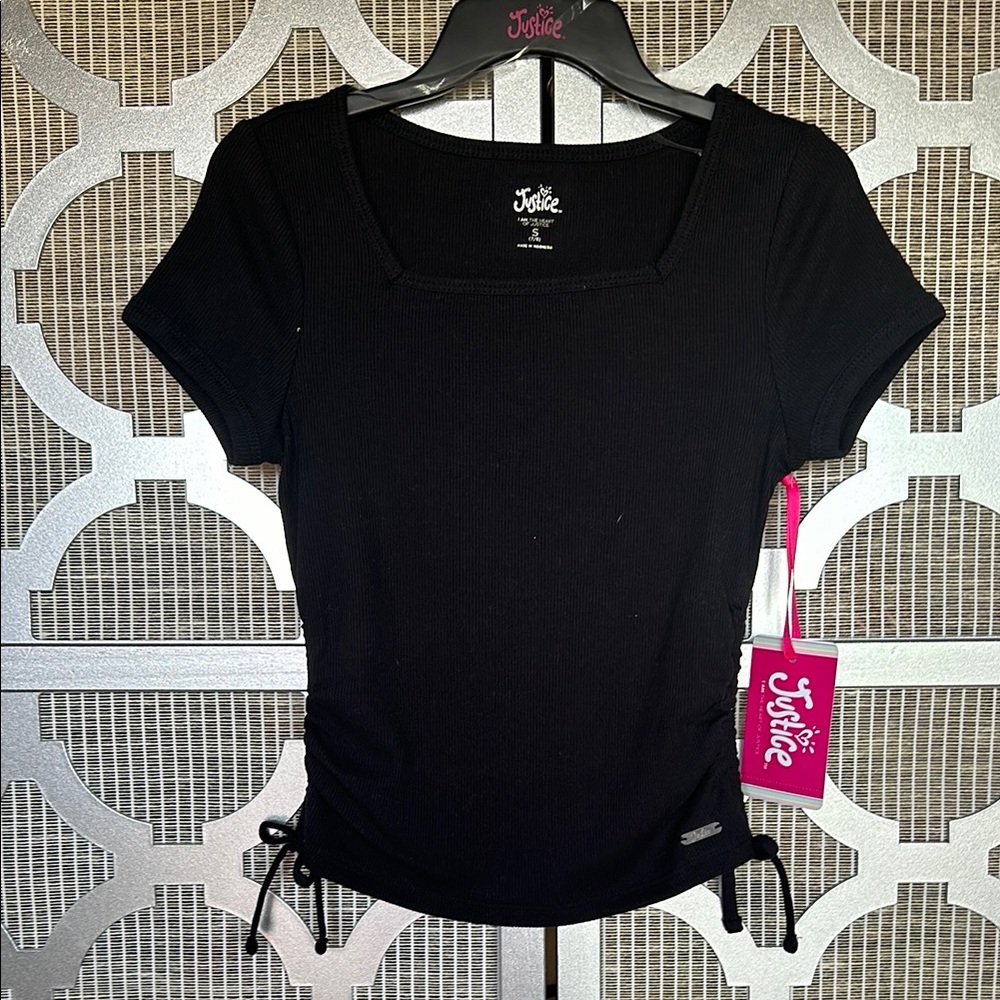 NWT Justice Black kids Fitted Ruched Short Sleeve Tee